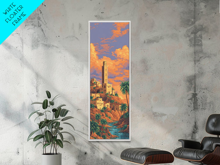Sunset Desert Tower Oasis Canvas Print, African Landscape Wall Decor, Moroccan Travel Poster, Palm Tree Boho Home Decor Gift