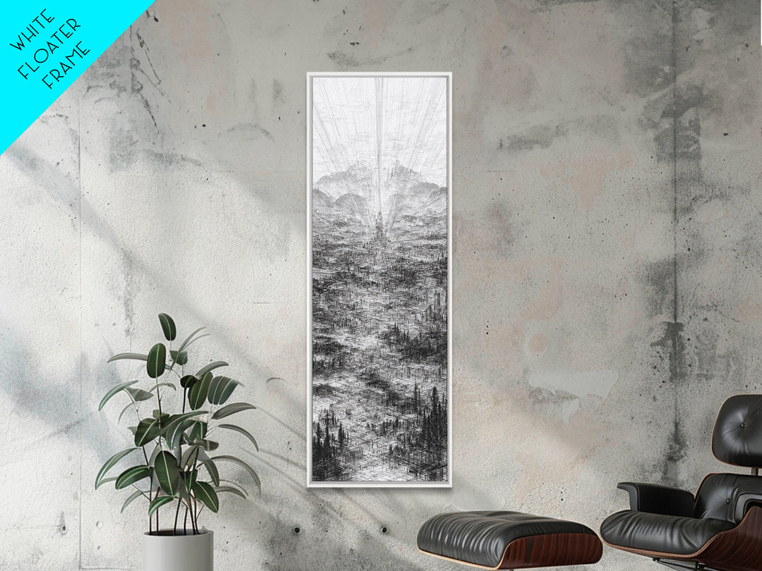 Monochrome Futuristic City Spire Canvas Print, Abstract Urban Architecture Wall Decor, Minimalist Black And White Art Poster