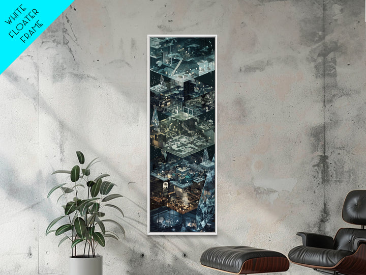 Floating Crystal Interior Architecture Wall Art, Futuristic Isometric Rooms Print, Modern Blue Gray Sci Fi Home Decor Gift