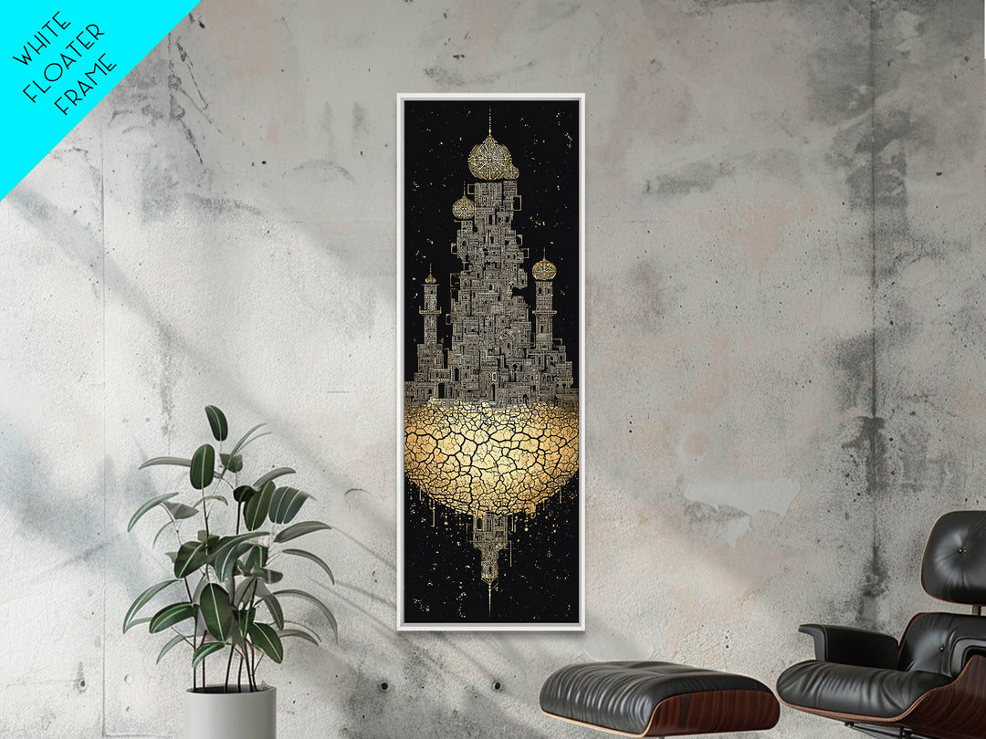Golden Floating Afro Futurist Castle, Black And Gold African Wall Art, Luxury Canvas Print, Statement Home Decor Gift For Living Room