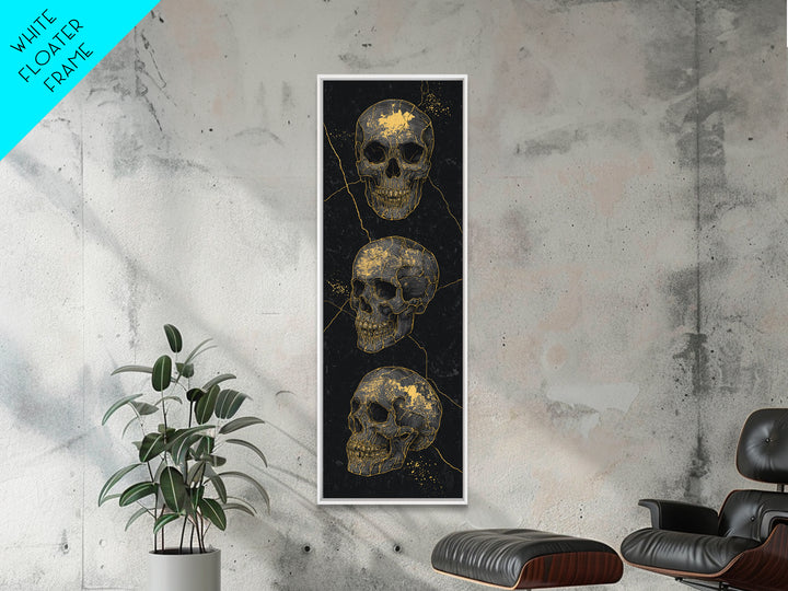 Three Gold Skulls On Black Canvas Print, Gothic Anatomy Wall Art, Dark Luxury Decor, Macabre Statement Gift For Him Home Decor