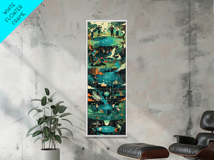 Teal Crane Pond And Rainy Garden Framed Canvas Print, African Inspired Bird Art, Nature Scene Decor For Living Room Wall Gift
