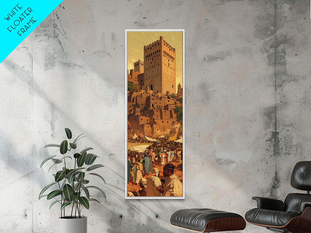 Moroccan Kasbah Market Wall Art, Sunset Desert Tower Canvas Print, African Travel Poster, Warm Terracotta Home Decor Artwork