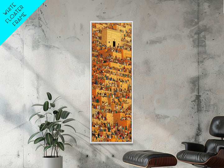 Golden African City Stairs Wall Art, Mud Brick Village Canvas Print, Busy Market Scene, Cultural Home Decor Artwork Poster
