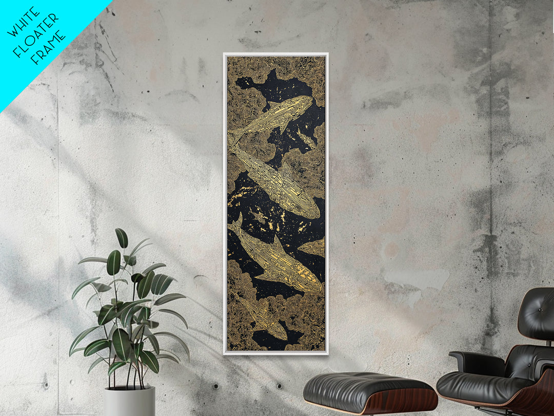 Golden Koi Fish On Black Abstract Wall Art, Luxury Canvas Print, Asian Inspired Decor, Textured Black And Gold Artwork Print