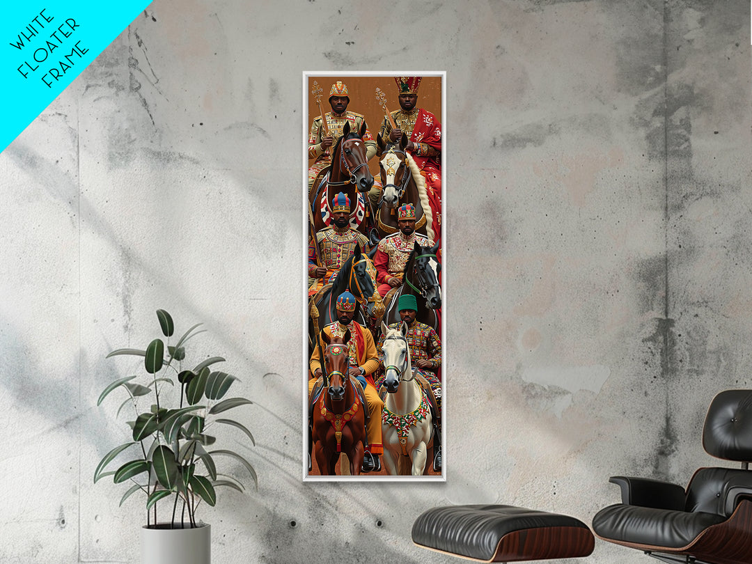 Ornate African Kings Riding Horses Framed Canvas Print, African Portrait, African Warrior Art, Afrocentric Decor, Cultural Wall Art