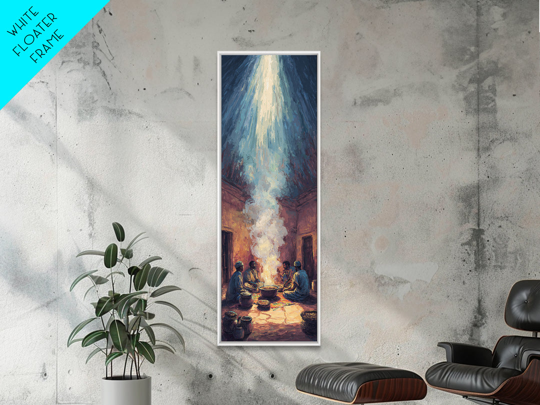 African Gathering With Sacred Steam Canvas Print, Ceremonial Light, Afrocentric Wall Decor, Spiritual Tribal Room Artwork