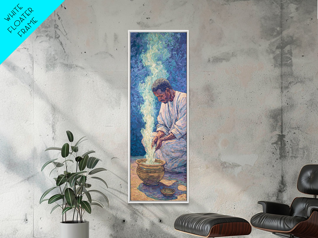 African Man Pouring Water Framed Canvas Print, Blue Spiritual Portrait Wall Decor, Afrocentric Culture Art For Living Room