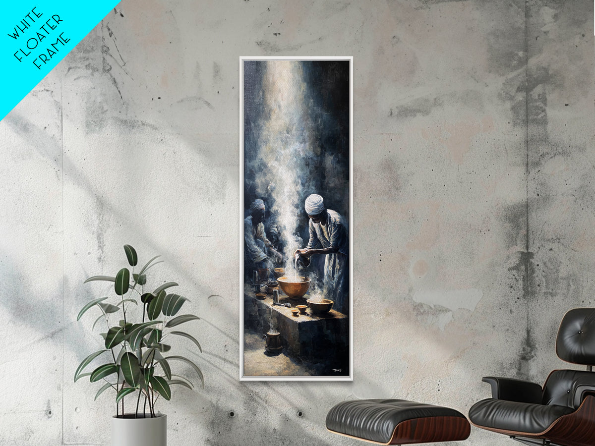 African Steam Ritual Wall Art, Dark Ceremonial Canvas, Men In White Headwraps, Afrocentric Tribal Decor, Spiritual Print
