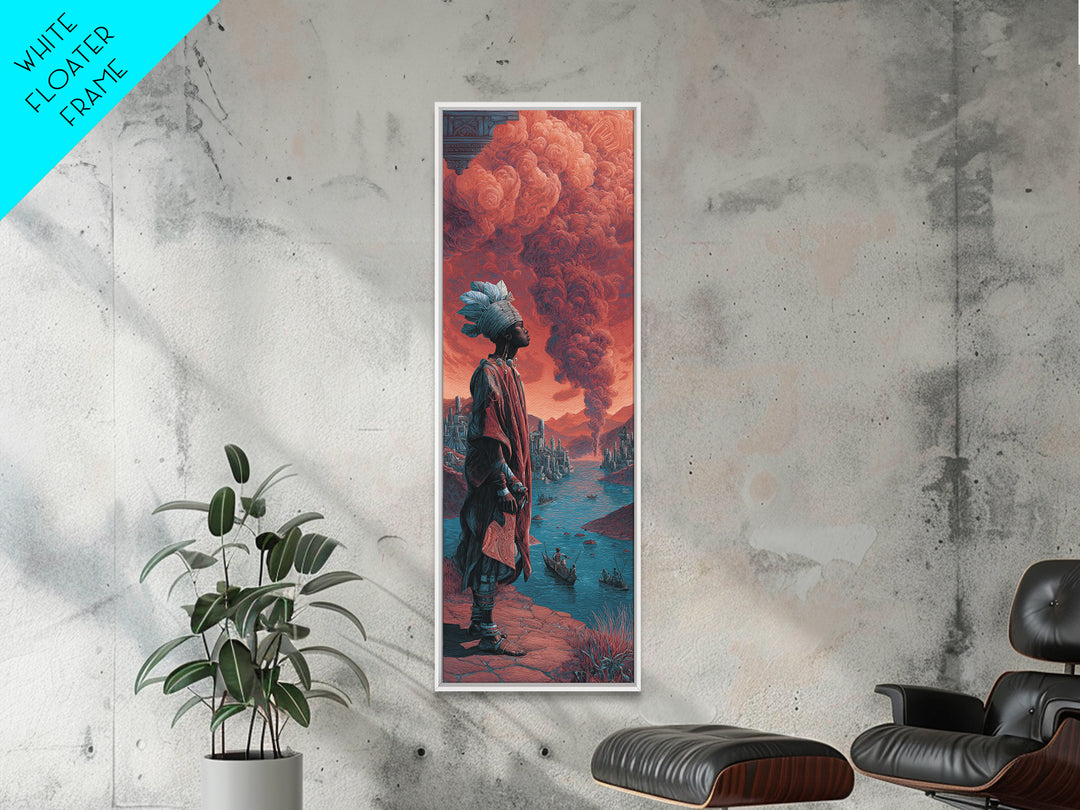 African Warrior Watching Crimson Smoke Canvas Print, Fantasy City Wall Art, Afrocentric Landscape, Red Tribal Decor Gift