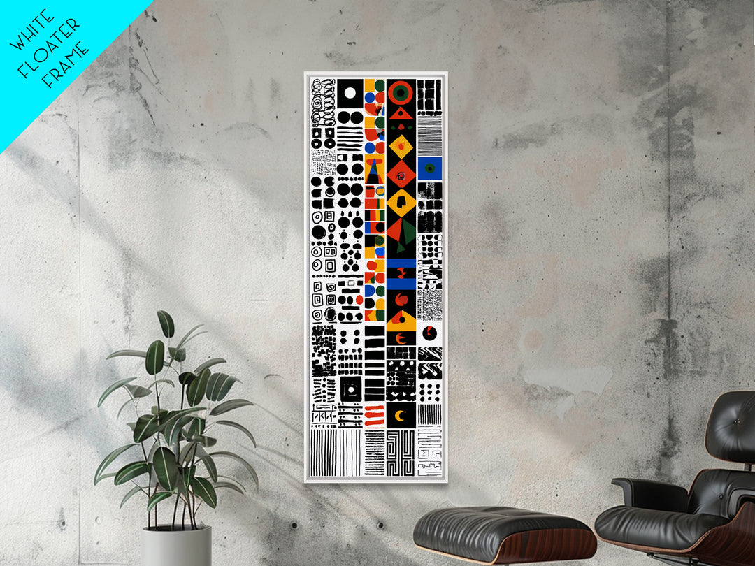 Modern African Geometric Grid Canvas Print, Black White Orange Tribal Symbols, Abstract Wall Art, Bold Cultural Decor Print