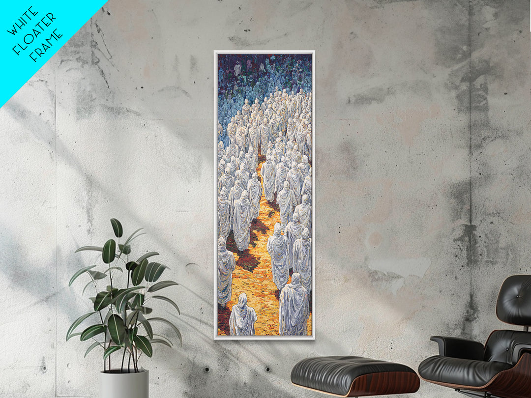 White Robed Procession Through Blue Forest Wall Art, African Spiritual Artwork, Dreamy Cultural Decor, Large Statement Print