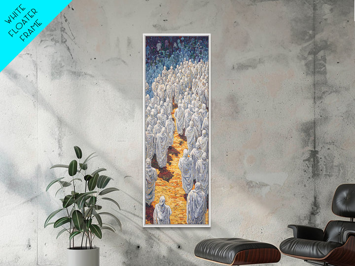 White Robed Procession Through Blue Forest Wall Art, African Spiritual Artwork, Dreamy Cultural Decor, Large Statement Print