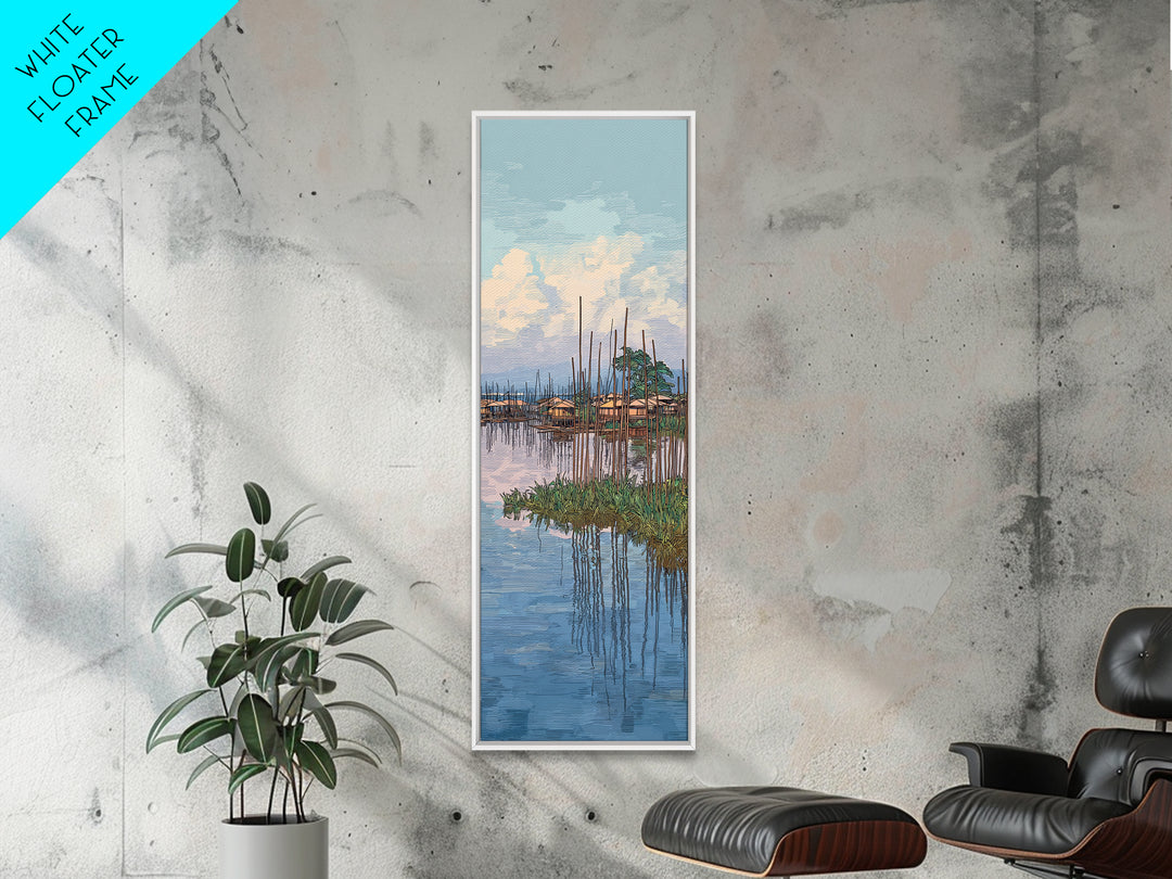 Peaceful African Lake Village Wall Art, Blue Water Landscape Canvas Print, Coastal Home Decor, Serene Travel Art Gift For Living Room