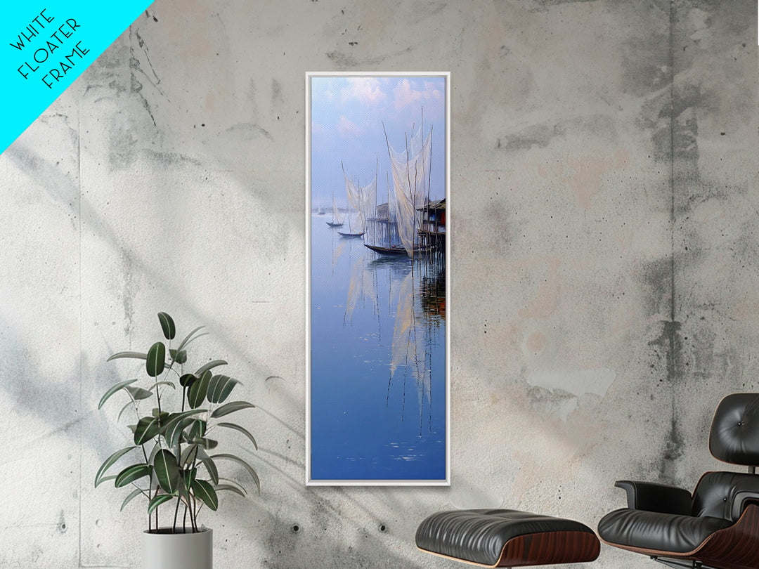 Misty African Fishing Boats Wall Art, Blue Lake Canvas Print, Minimalist Coastal Decor, Serene Water Landscape Gift For Her