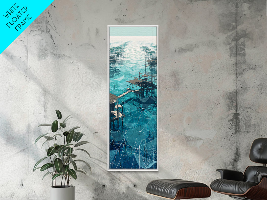 Turquoise African Stilt Village Wall Art, Aerial Lake Canvas Print, Modern Coastal Decor, Fishing Net Landscape Art Gift