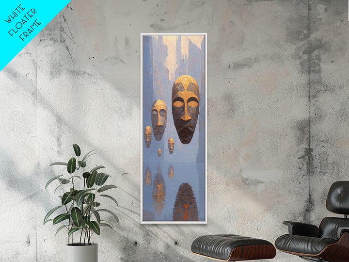 Floating African Mask Spirits Wall Art, Surreal Blue Gold Canvas Print, Afrocentric Tribal Decor, Mystical Culture Art Gift