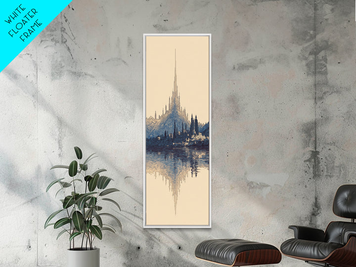 Blue Fantasy Spire City Framed Canvas Print, Dreamy Wall Art, Modern Canvas Art, Elegant Home Decor, Large Statement Wall Decor