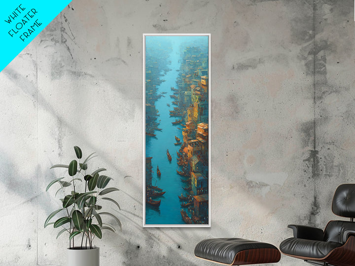 Teal Canal City With Boats Wall Art, Coastal Travel Decor, Blue Orange Painting, Large Canvas Print, Unique Home Decor Gift