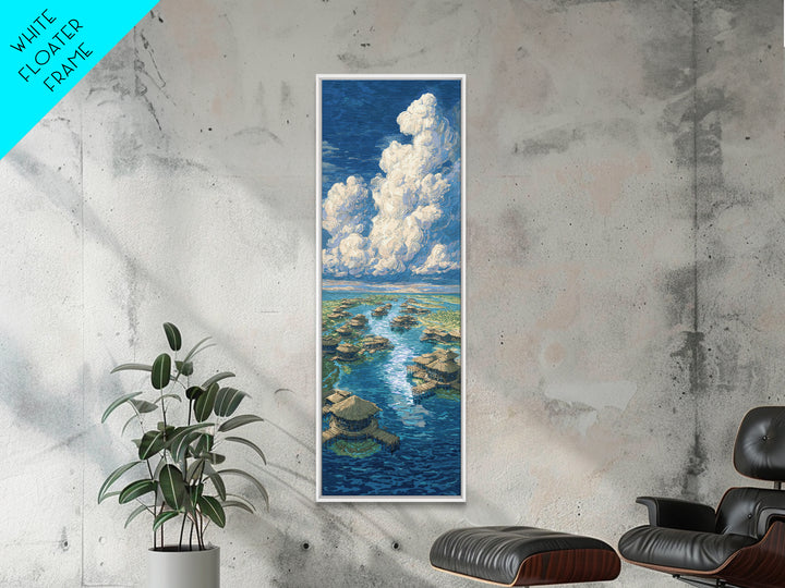 Tropical Lagoon Huts Under Clouds Canvas Print, Beach Art, Nature Scene Art, Blue Wall Decor, Coastal Home Decor Wall Art