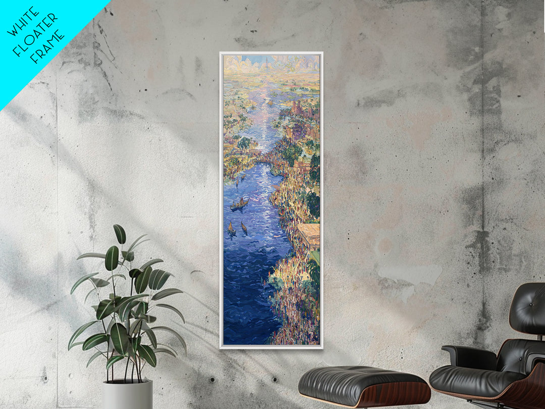 Sunlit African River Crowd Wall Art, Blue Water Boats, Cultural Cityscape, Afrocentric Decor, African Painting Canvas Print