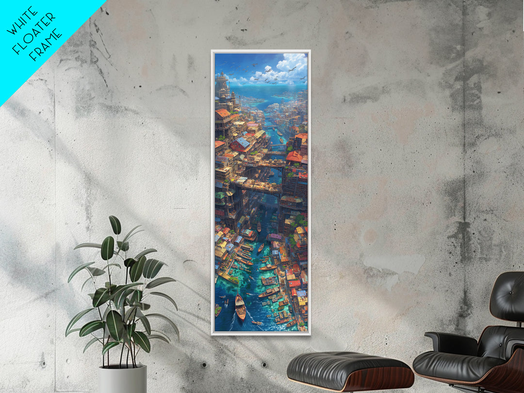 Fantastical African Canal City Wall Art, Boats Bridges And Coastal Skyline, Modern African Art, Statement Canvas Print, Decor
