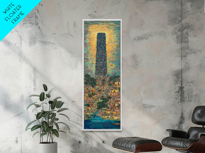 Monumental African Tower City Wall Art, Sunlit Waterfront Skyline, Modern African Art, Urban Statement Canvas Print, Decor