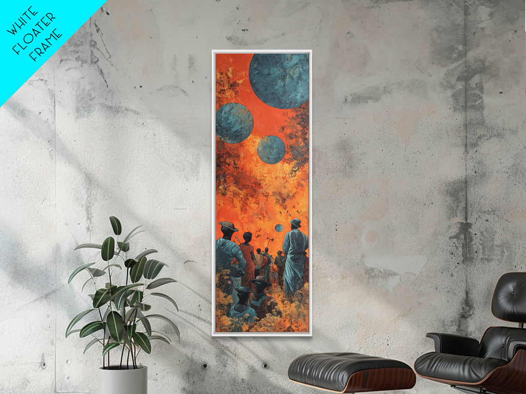 Surreal African Planet Gathering Wall Art, Orange Sky Blue Moons, Afrofuturism Decor, Spiritual Framed Canvas Print, Mystical Wall Decor