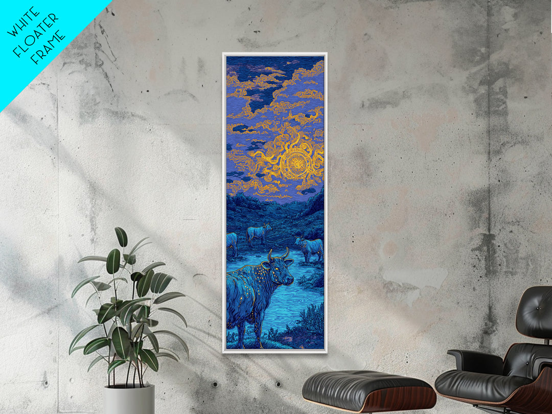 Blue Cow Under Orange Swirl Sky Canvas Print, Rustic Nature Scene Art, Animal Wall Art, Farmhouse Decor, Unique Wall Decor