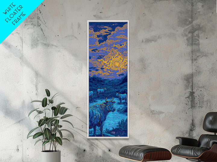 Blue Cow Under Orange Swirl Sky Canvas Print, Rustic Nature Scene Art, Animal Wall Art, Farmhouse Decor, Unique Wall Decor