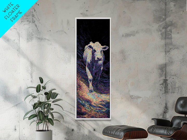 Single White Cow Portrait Wall Art, Dark Pasture Animal Painting, Rustic Decor, Nature Art, Unique Canvas Print, Home Decor