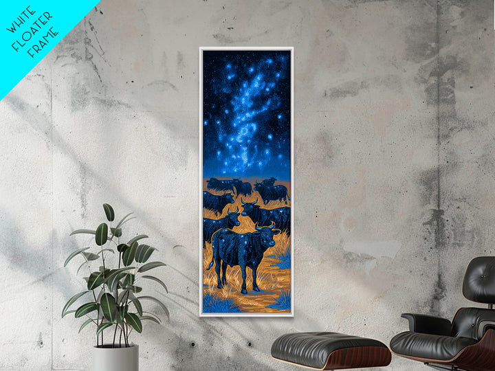 Longhorn Cattle Herd Beneath Blue Milky Way Framed Canvas Print, Western Animal Wall Art, Nature Scene Art, Bedroom Decor