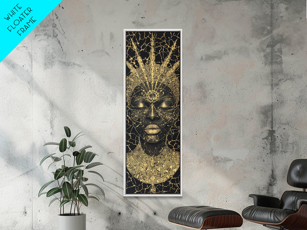 Black Gold African Goddess Face Framed Canvas Print, Regal Afrocentric Wall Decor, Spiritual Portrait Art, Luxury Home Decor