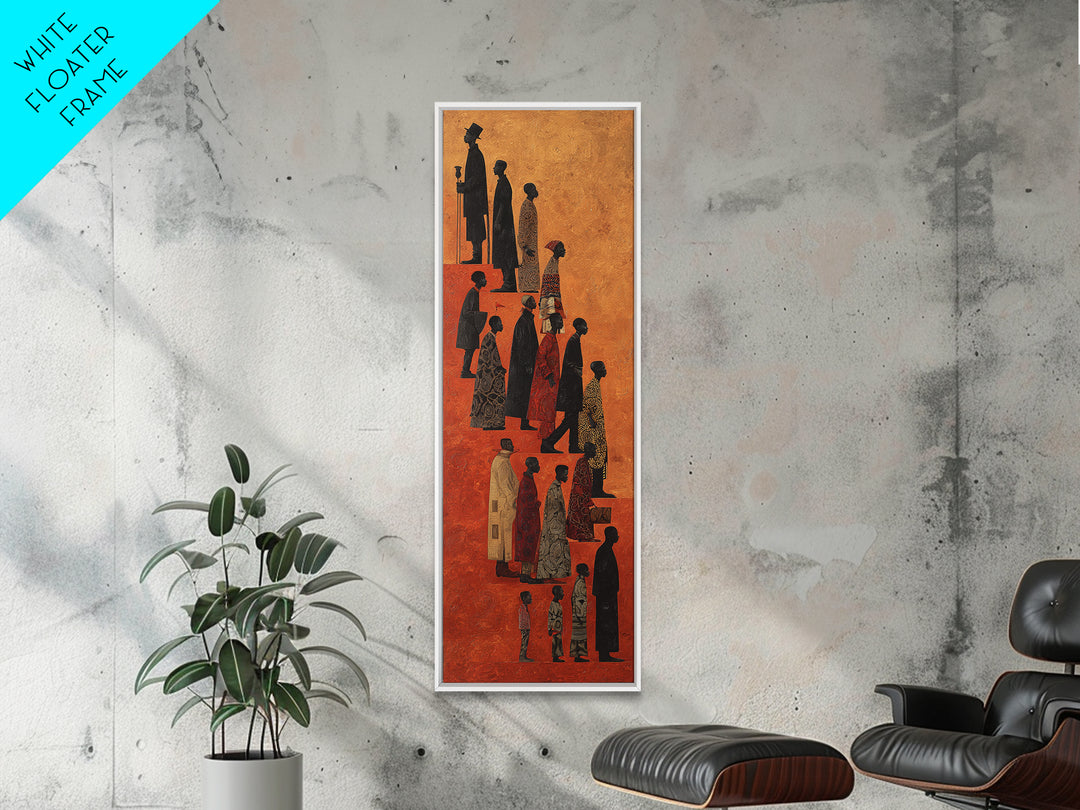 Silhouetted African Family Procession Wall Art, Tall Afrocentric Canvas Print, Tribal Culture Home Decor, Earth Tone Poster