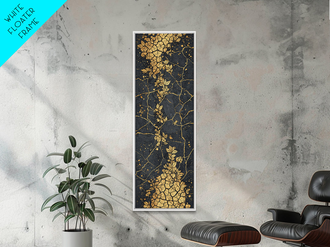 Gold Botanical Kintsugi Cracked Stone Wall Art, Black And Gold Floral Abstract, Luxury African Inspired Canvas Home Decor