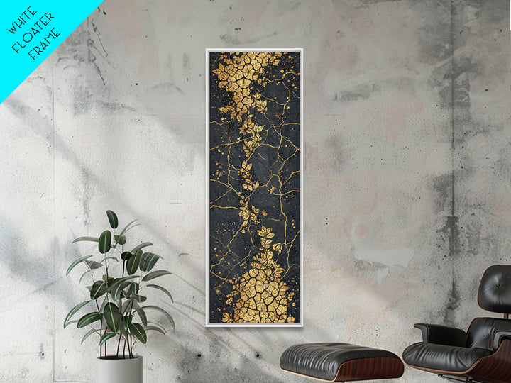 Gold Botanical Kintsugi Cracked Stone Wall Art, Black And Gold Floral Abstract, Luxury African Inspired Canvas Home Decor