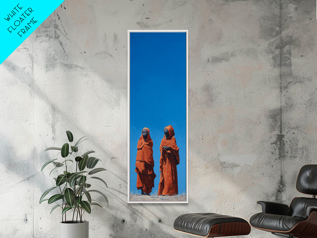 Two African Women In Orange Robes Wall Art, Minimalist Desert Portrait, Blue Sky Cultural Decor, Afrocentric Canvas Print