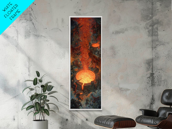Molten Forge Workshop With Glowing Symbols Framed Canvas Print, Industrial Fantasy Wall Art, Orange Painting Home Decor Gift