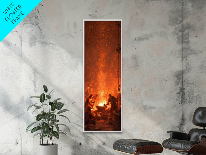 Ancient Forge Ritual With Glowing Sigils Framed Canvas Print, Spiritual Wall Art, Mystical Orange Home Decor Gift For Living Room Decor