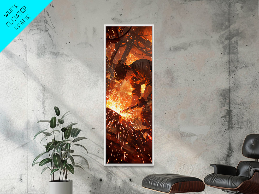 Welder In Shower Of Sparks Wall Art, Dramatic Orange Canvas Print, Industrial Workshop Art, Masculine Office Decor Gift For Him