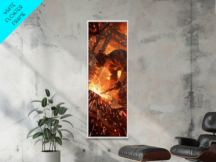 Welder In Shower Of Sparks Wall Art, Dramatic Orange Canvas Print, Industrial Workshop Art, Masculine Office Decor Gift For Him