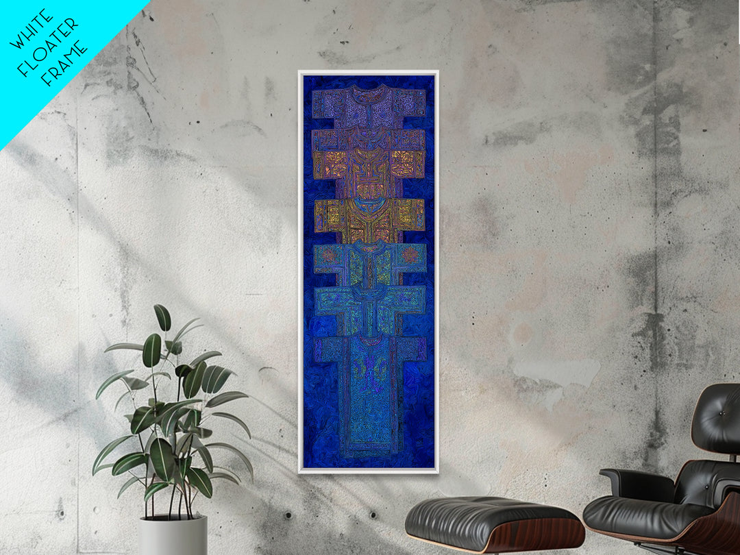 Blue Purple Tribal Cross Totem Wall Art, African Mask Inspired Canvas Print, Afrocentric Geometric Decor, Bold Home Gift