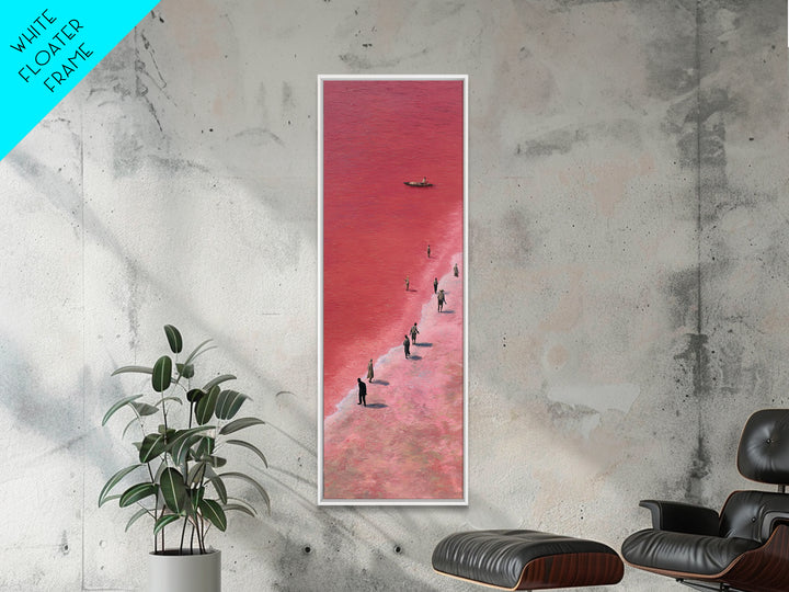 Pink African Salt Lake Shore With Fishermen Wall Art, Lake Retba Landscape, Coastal Boat Print, Serene Travel Home Decor Gift