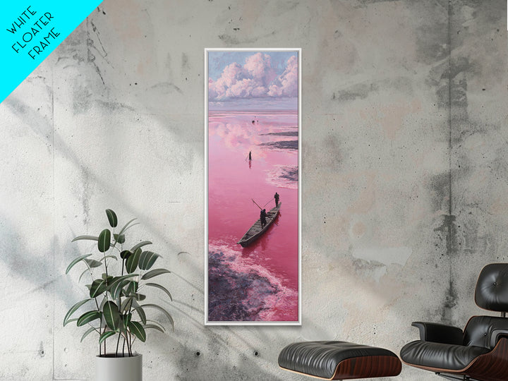 Dreamy Pink African Lagoon With Wooden Boat Canvas Print, Lake Retba Fisherman Scene, Coastal Landscape Wall Decor Gift Art