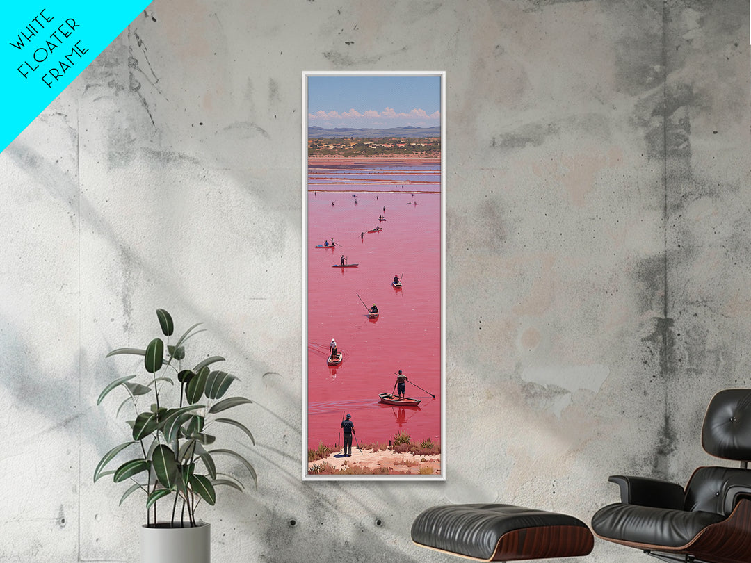 Pink African Lake With Boats And Salt Workers Framed Canvas Print, Lake Retba Landscape, Vibrant Travel Wall Decor Gift Art