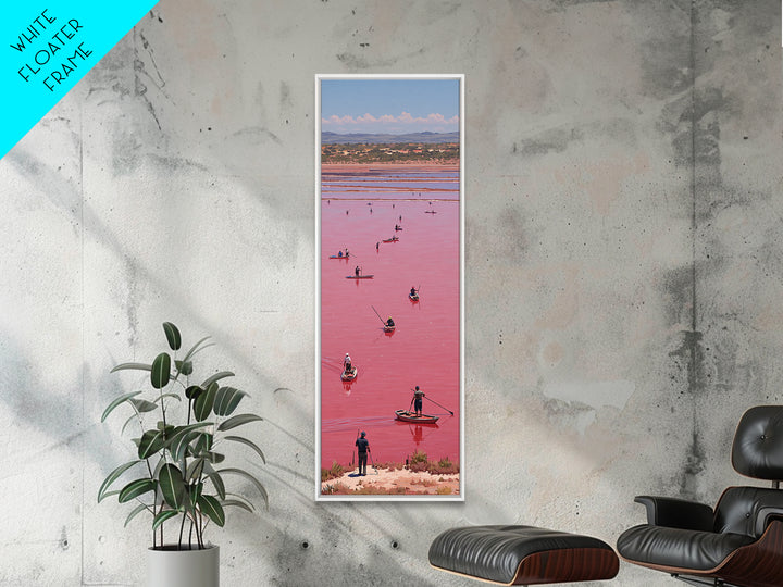 Pink African Lake With Boats And Salt Workers Framed Canvas Print, Lake Retba Landscape, Vibrant Travel Wall Decor Gift Art