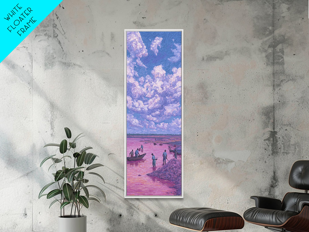 Purple Storm Clouds Over Pink African Lake Canvas Print, Fishermen Boat Landscape, Dreamy Nature Scene Art For Home Decor