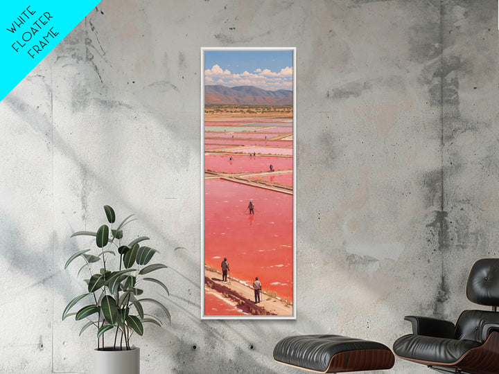 African Pink Salt Ponds With Mountains Wall Art, Lake Retba Workers Landscape Print, Vibrant Travel Decor For Living Room