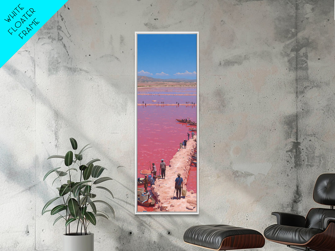 Panoramic Pink African Lake Harbor With Boats Canvas Print, Salt Flat Landscape, Travel Wall Decor Gift For Living Room Art