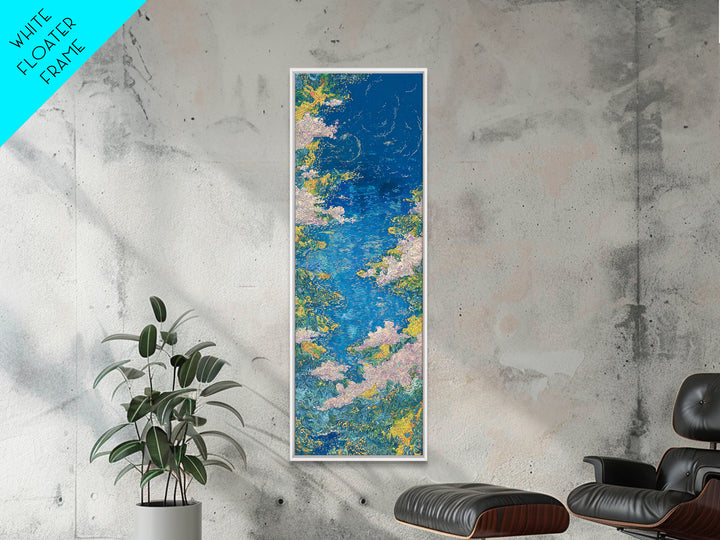 Blue Floral River Landscape Wall Art, Impressionist Garden Water Canvas Print, Nature Scene Art For Serene Home Decor Gift